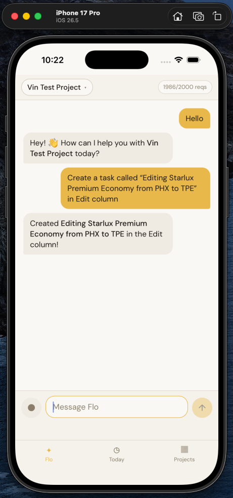Flo on iPhone creating a task from a chat message