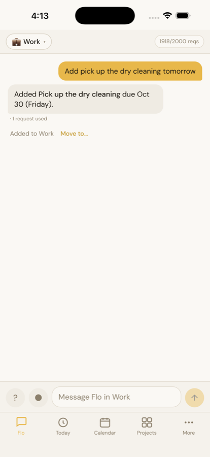 Flo on iPhone confirming a task was added to the Work project, with a Move to option