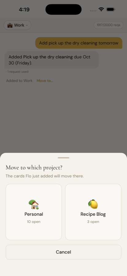 Choosing a different project to move the new task to