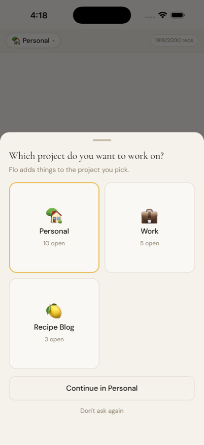 The iPhone app asking which project a thought is for, with a grid of projects